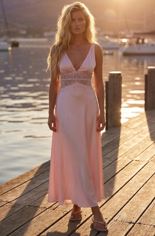 Mixed Brands - Viscose Satin Dress with Lace U30522 - Light Pink