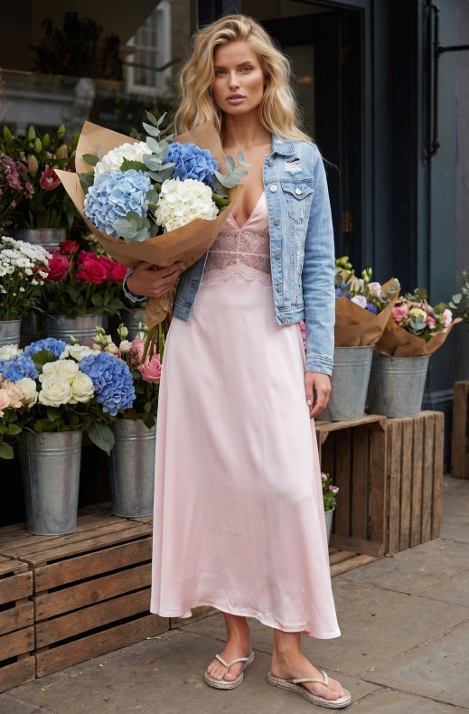 Mixed Brands - Viscose Satin Dress with Lace U30522 - Light Pink