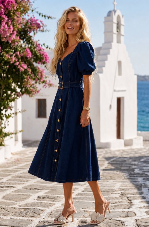 Mixed Brands - Denim Dress Puff Sleeve WE1008 - Blue