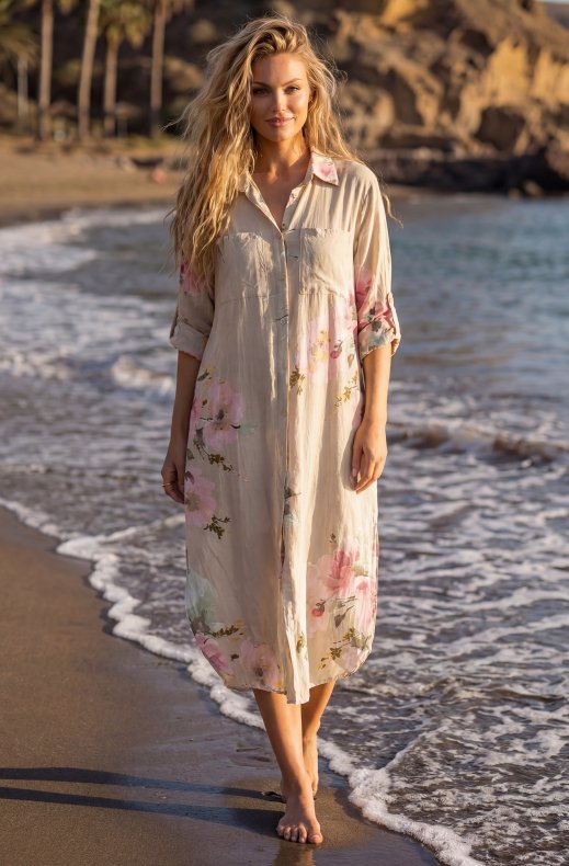 Mixed Brands - Shirt Dress with Flowers 1985-17 - Beige