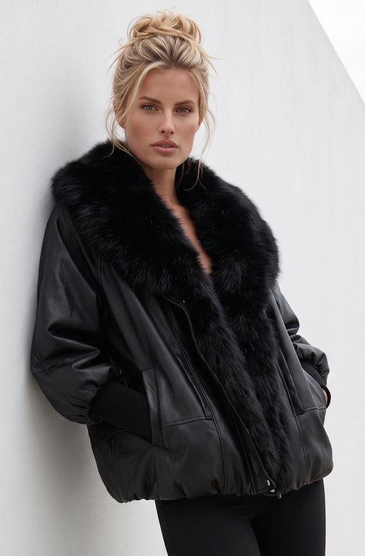 Mixed Brands - Vegan Leather jacket with faux fur CV2228 - Black