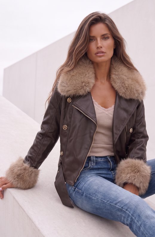 Mixed Brands - Faux Fur Vegan Jacket XS262003 - Coffee - Beige collar
