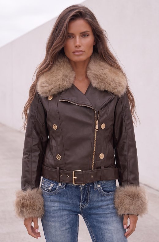 Mixed Brands - Faux Fur Vegan Jacket XS262003 - Coffee - Beige collar