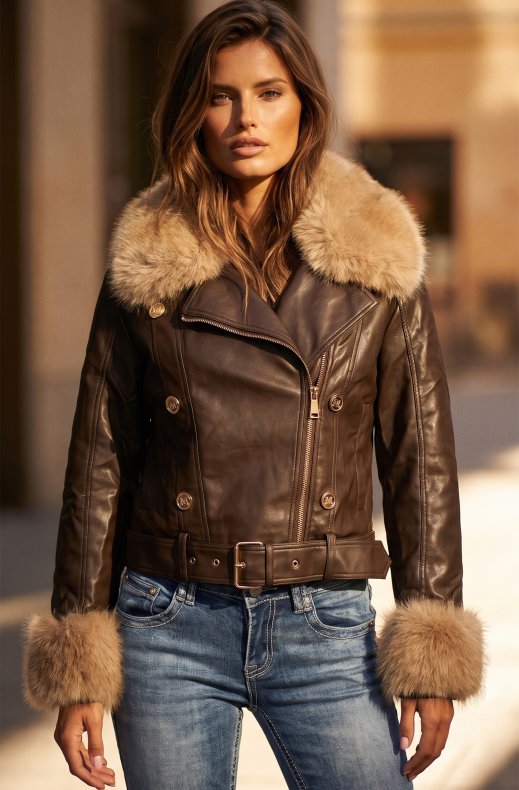 Mixed Brands - Faux Fur Vegan Jacket XS262003 - Coffee - Beige collar