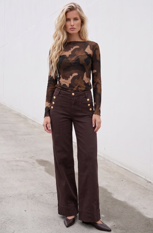Mixed Brands - Super wide leg jeans with gold button D3323 - Dark Brown