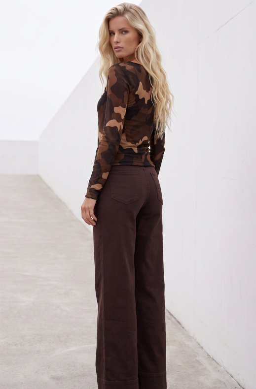 Mixed Brands - Super wide leg jeans with gold button D3323 - Dark Brown