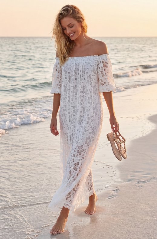 Mixed Brands - Long Lace dress offshoulder 3969 - White
