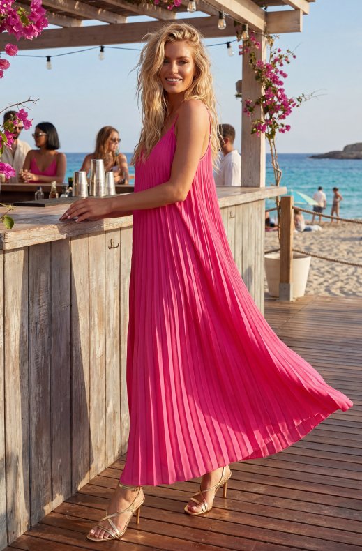 Mixed Brands - Long Plisse Dress 18950 - Fuschia