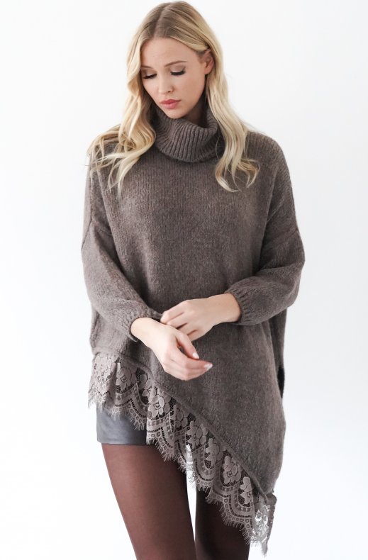 Mixed Brands - Polo Pullover Asymmetric with lace 10611 - Taupe/Fanco