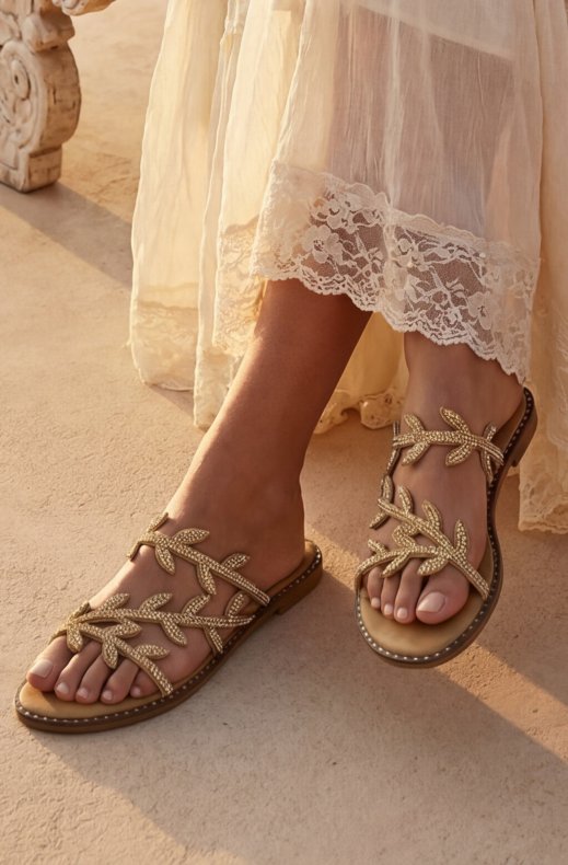 Mixed Brands - Sandal med Leaf Rhinestones WL555 - Gold