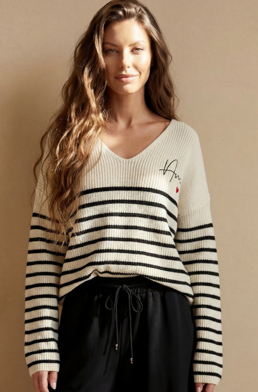 Mixed Brands - Stiped V-Neck Sweater 88255 - Black