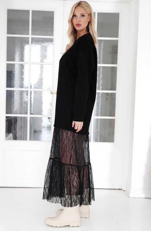 Mixed Brands - Lace Trimmed Sweatshirt Dress 2669 - Black