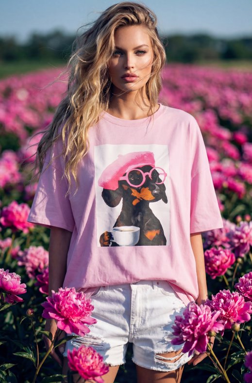 Mixed Brands - Tshirt Sausage Dog Drinking Coffee 6655B - Pink