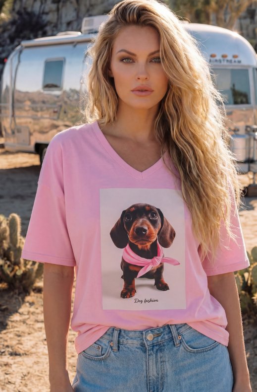 Mixed Brands - Tshirt Vneck Sausage Dog with Scarf 6712 - Pink