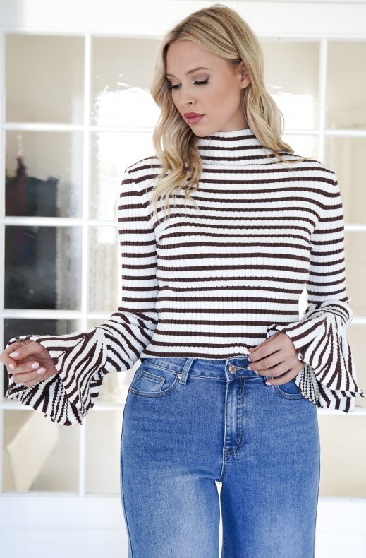 Mixed Brands - Striped top with Trumpet sleeve 20509 - Coffee White