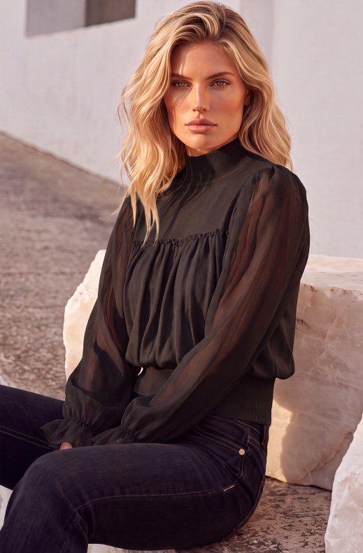 Mixed Brands - Long Sleeve Top with Tulle LR095597 - Black