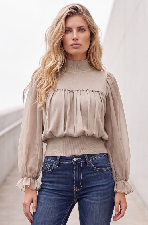 Mixed Brands - Long Sleeve Top with Tulle LR095597 - Champagne