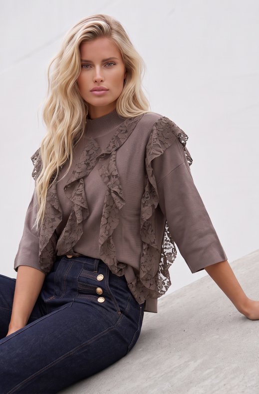 Mixed Brands - Top with lace ruffles LR095782 - Light Brown