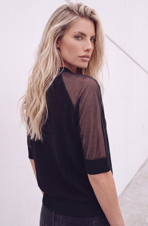 Mixed Brands - Short Sleeve Top with Tulle Sleeves LR03280 - Black