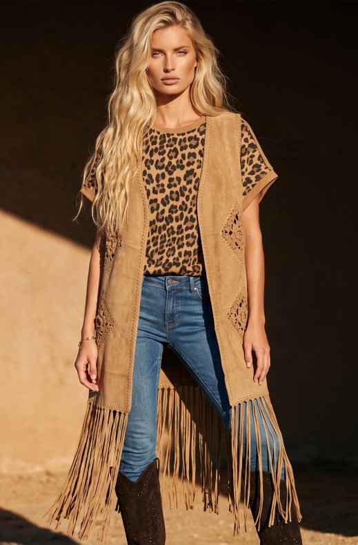 Mixed Brands - Crochet and Fringes Vest 8982 - Camel
