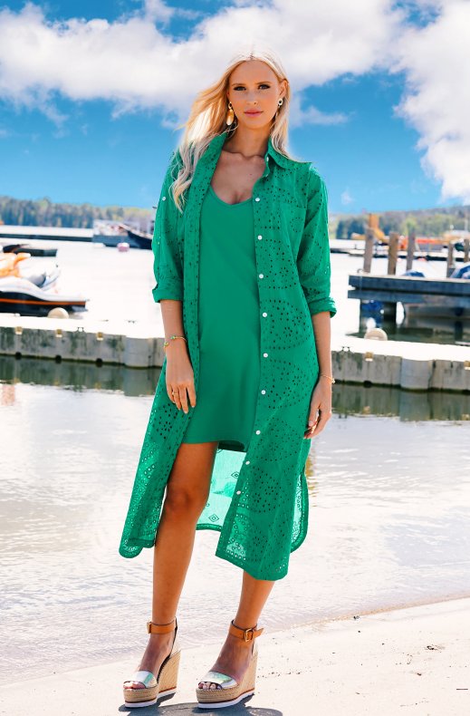 Blond Hour - Palma Shirt Dress Anglaise - Vibrant Green