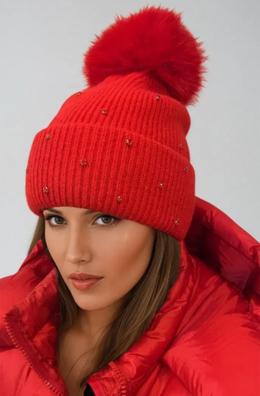 Plain Vanilla - Beanie with rhinestones and pom pom - Red