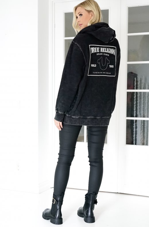 True Religion - Washed Big T Boyfriend Zip Hoodie - Jet Black