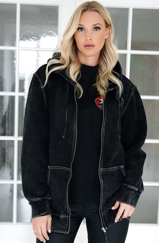 True Religion - Washed Big T Boyfriend Zip Hoodie - Jet Black