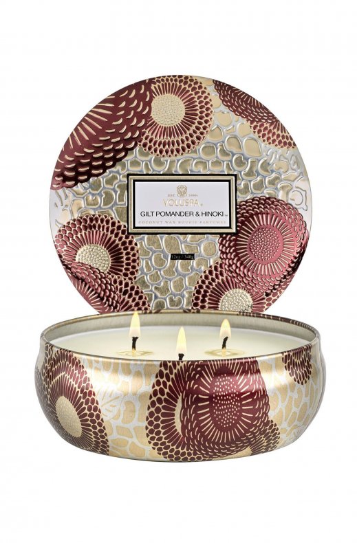 Voluspa - Gilt Pomander & Hinoki 3-Wick Decorative Tin