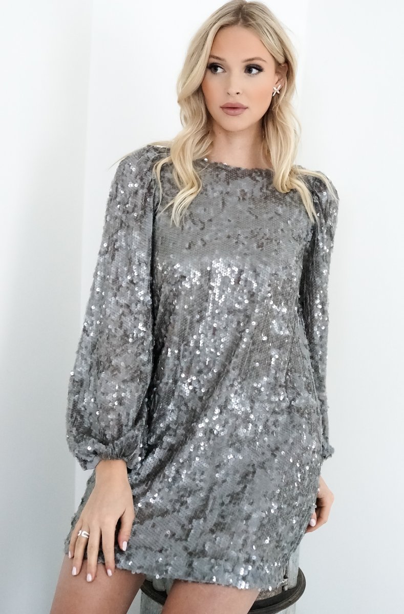 chinese dress ladies Marienne Silver Large Sequin Long Sleeve Mini Dress